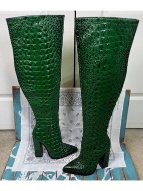 Shane Justin Reptile Boots Green Crocodile Embossed Thigh High Womans 36/5.5 EUC